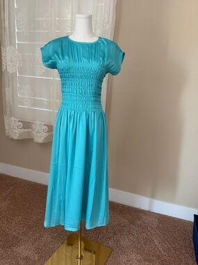 NWT Trina Turk Turquoise Smocked-Waist Midi Dress